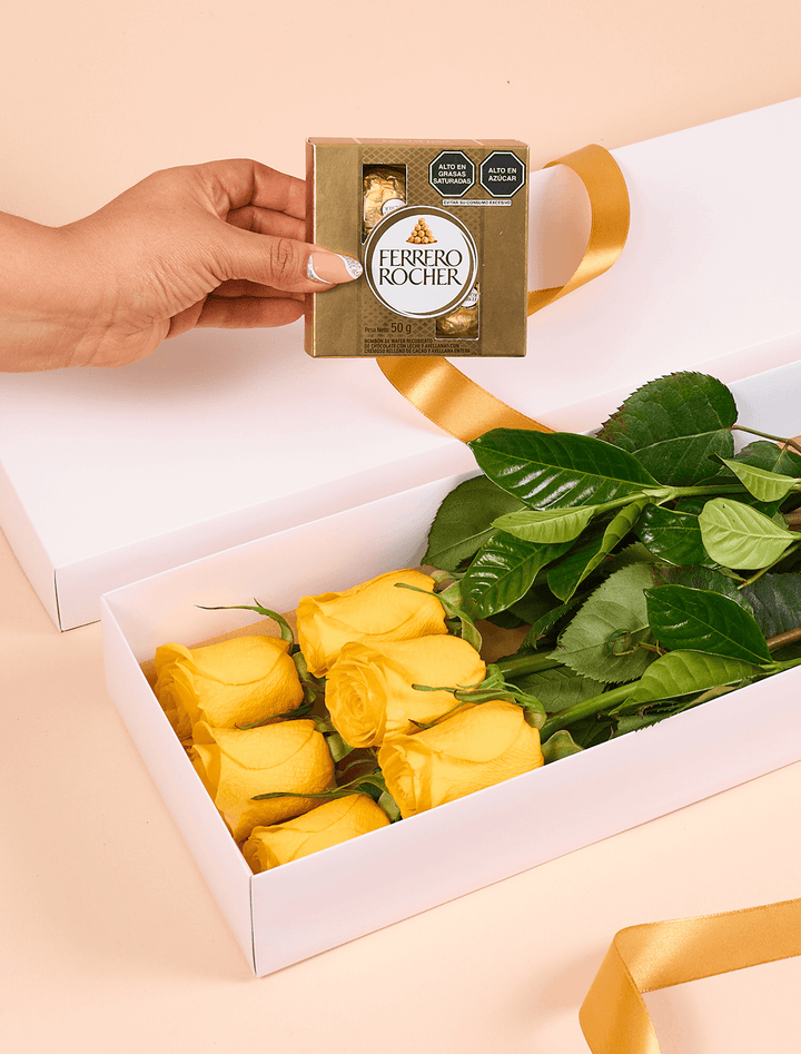 Caja De 6 Rosas y Chocolate